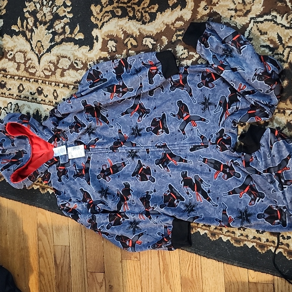 NWT! Place Polar Fleece Grey, Black & Red Ninja Zip Up Onesie PJs; Small 5/6